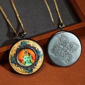 Hand-Painted Brass Auspicious Clouds Tsa-Tsa Thangka Pendant Necklace – 64cm Chain, Tibetan Buddhist Art Jewelry
