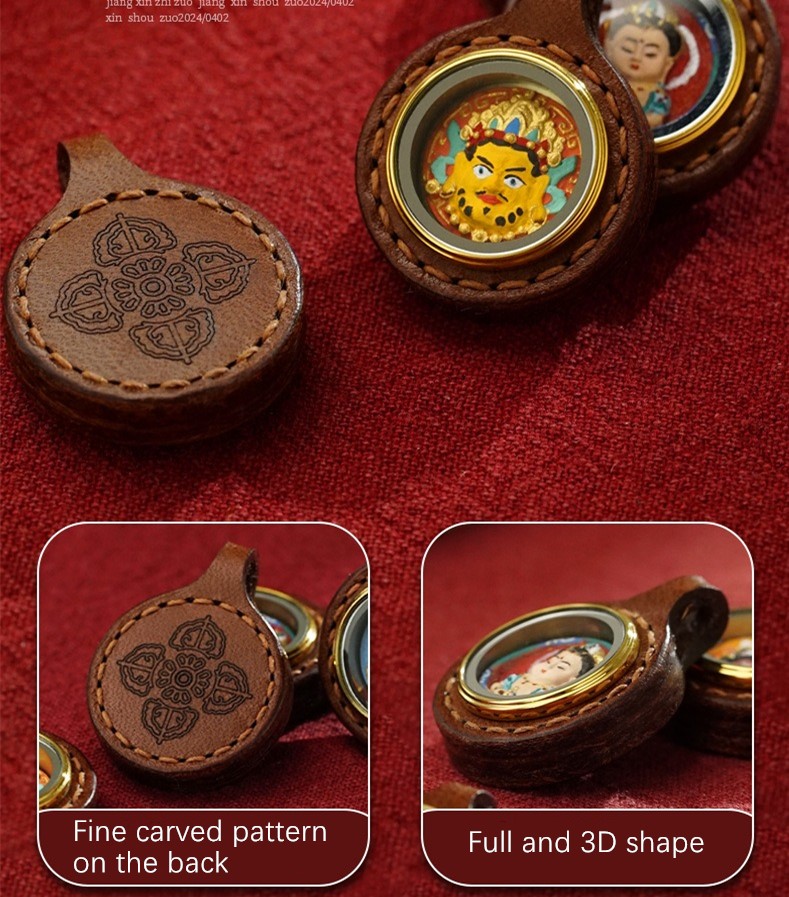 Handmade Leather Thangka Pendant with Fine Carved Design - 3D Buddha Art - Image 3