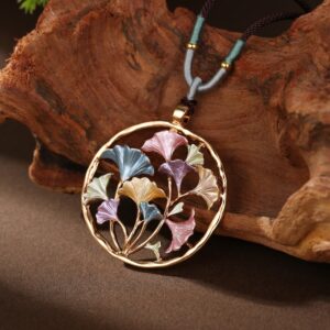 hand - painted enamel ginkgo necklace